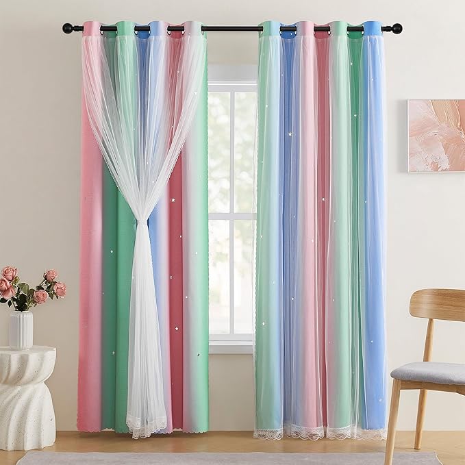 XiDi Pink Green Blue Curtains 84 Inches Long for Girls Bedroom 2 Panels Set, Blackout Rainbow Curtains for Kids Room Decor, Unicorn Wall Decals Drapes for Little Girl Nursery Room 34 Inches Wide