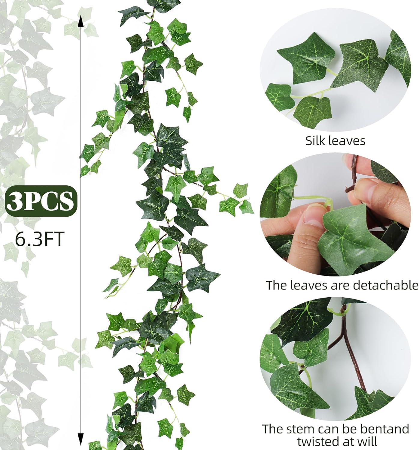 RECUTMS 3 Strands Artificial Ivy Vines 6.4Ft Green Ivy Garland Faux Hanging Plants Greenery Decoration Artificial Vines for Home Decor Indoor Home Wall Wedding Room Decor(Green)