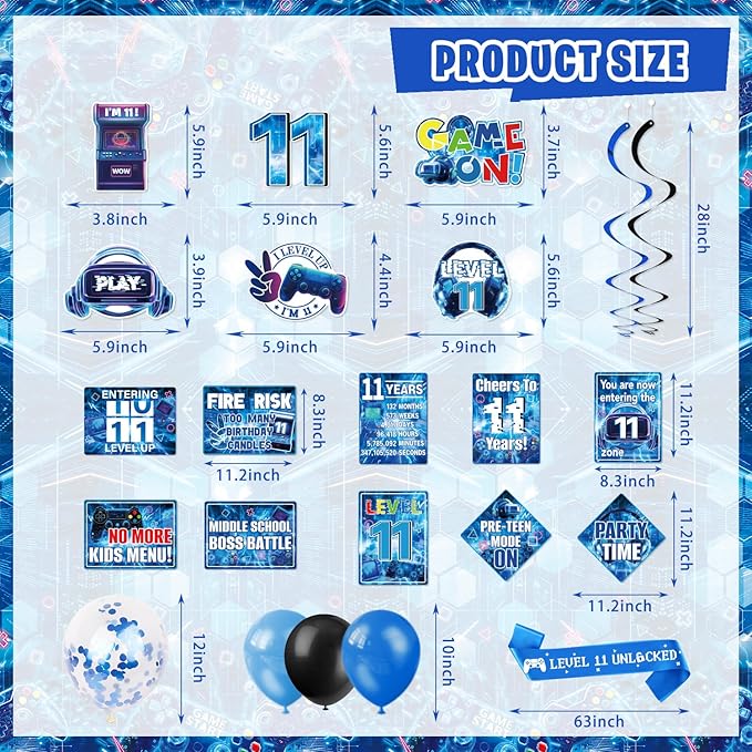 Mpanwen Gamer 11th Birthday Decorations for Boys, Blue Video Game Level 11 Bday Party Decor Supplies for 11 Years Old Boy with Backdrop, Tablecloth, Centerpiece, Hanging Swirls, Hat, Wall Signs