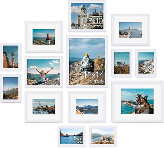 Vittanly 14 Pack Picture Frames Collage Wall Decor, Gallery Wall Frame Set with 2Pcs 11x14, 6Pcs 8x10 and 6Pcs 5x7 Photo Frames, Picture Frame Set for Wall Collage or Tabletop Display, White