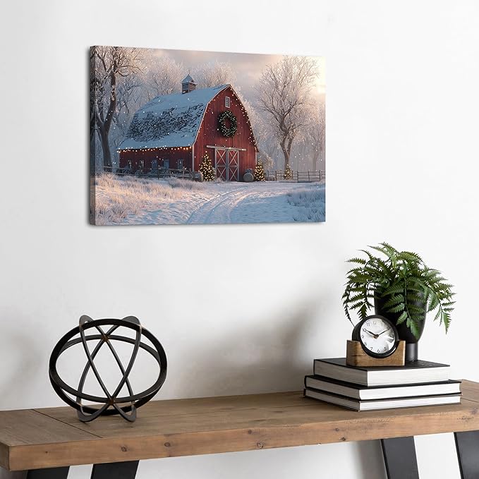 Christmas Farmhouse Canvas Wall Art Red Barn Pictures Wall Decor Christmas Tree Poster Vintage Snowy Country Prints Artwork Winter Snow Scenic Painting for Living Room Bedroom Home Decorations 12x16"