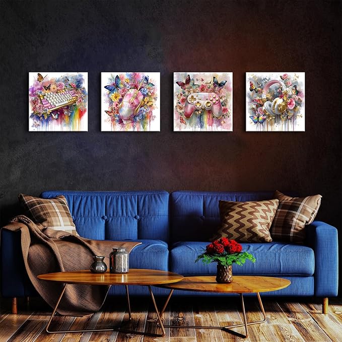 Pink Gaming Wall Art Gamer Women Bedroom Decor Colorful Floral Butterflies Game Pictures, 4Pcs Console Paintings Controller Headphones Keyboard Canvas Prints Gaming Room Decorations Girl Gifts 16x16”