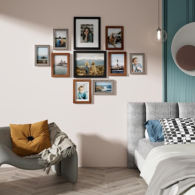 Vittanly 10 Pack Picture Frames, Picture Frames Collage Wall Decor with Two 8x10, Four 5x7, Four 4x6 Photo Frames, Gallery Wall Frame Set for Wall or Tabletop Display, Black, Walnut Brown, Dark Grey