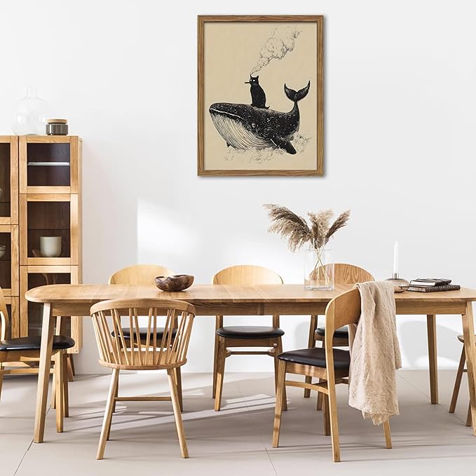 Framed Cat Wall Art, Funny Black Cat Riding a Whale Canvas, Vintage Abstract Oil Painting, Country Home Room Wall Decor, Humorous Pictures Artwork Prints for Living Room Bedroom – 8x10 inch