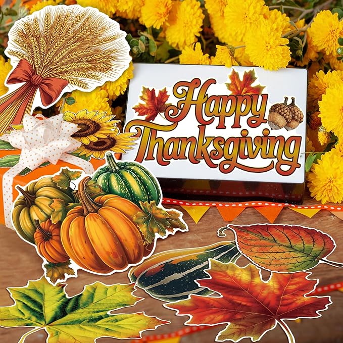 32 Pcs Vintage Thanksgiving Cutouts Fall Harvest Cutouts Cornucopia Decorative Sets Retro Give Thanks Accents Pumpkins Leaves Turkey Decor for Office Bulletin Board Thanksgiving Day Party Wall