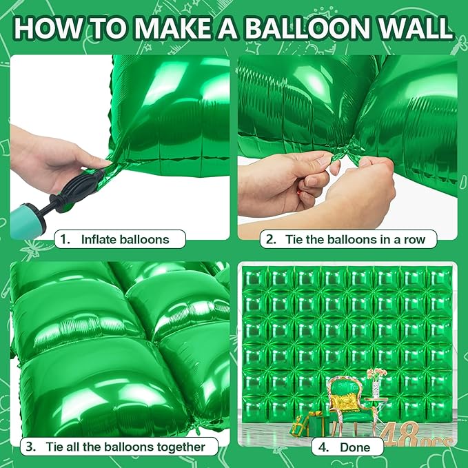 NISOCY 48PCS Green Square Foil Balloons Wall Backdrop Double Sided Green Christmas Balloons Tunnel Arch Kit for Baby Shower Birthday Anniversary Summer Party Decoration