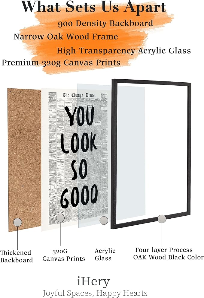 iHery Premium Natural Black OAK Wood 16x20in You Look So Good Trendy Inspirational Framed Wall Art, Vintage Girl Newspaper Motivational Canvas Wall Decor For Dorm Bedroom Living Room Posters 1Pack