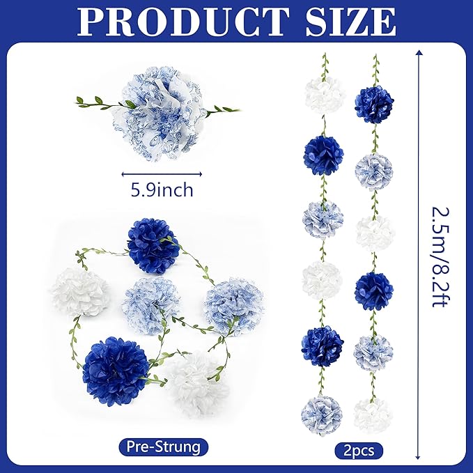 Blue and White Floral Royal Blue Tissue Flowers Pom Pom with Sage Green Leaf Ribbon Hanging Streamer Garland for Birthday Baby Shower Wedding Engagement Chinoiserie Theme Party Decorations Supplies