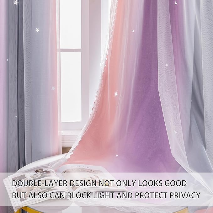 XiDi Grey Pink Purple Curtains for Girls Bedroom Decor Kids Blackout Curtains for Nursery Room Darkening Rainbow Princess Unicorn Wall Decals Little Girl 52x45 Inches Long 2 Panels Set