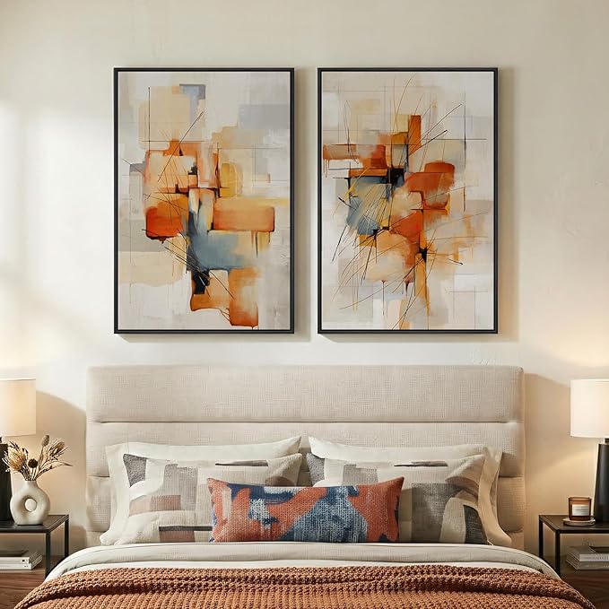 Large Framed Abstract Canvas Wall Art, 2 Piece Modern Prints Paintings Artwork for Walls, Minimalist Blue Orange Block Pictures for Living Room Dining Room Bedroom Hallway Wall Decor 24x36 In