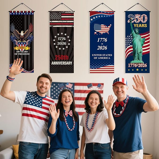 Tiamon 4 Pcs 250th Anniversary 4th of July Banner Patriotic American Flag Eagle 250 Years of Freedom 1776-2026 Porch Banner Hanging Decorations for Independence Day Wall Indoor Outdoor Decor