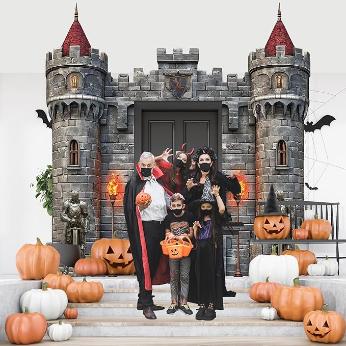 4 PCS Medieval Entryway Party Decorations Castle Door Covers Hanging Banner Porch Sign Medieval Castle Photo Props Background Torch Knight Porch Banner for Birthday Halloween Party Door Decor Supplies