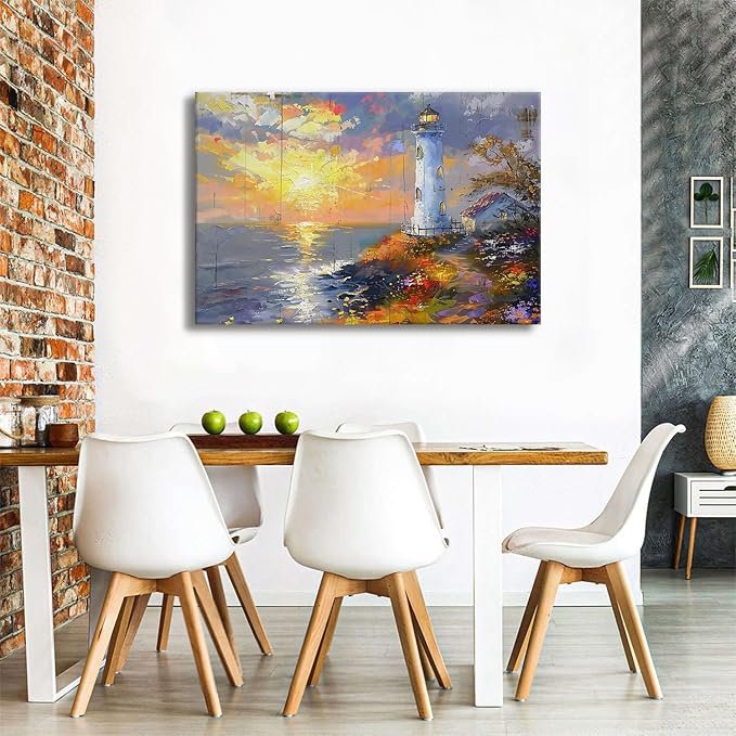 Large Sunset Coastal Wall Art Lighthouse Canvas Prints Picture Ocean Landscape Wall Decor Abstract Beach Painting Seascape Poster Modern Nature Artwork Kitchen Living Room Home Decoration 32x48"