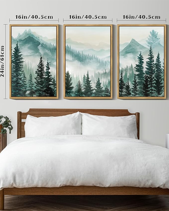 SHENIFY Fog Pine Green Tree Forest Canvas Wall Art Large 16x24in Framed Nordic Nature Modern Artwork Prints Decor - Natural Framed