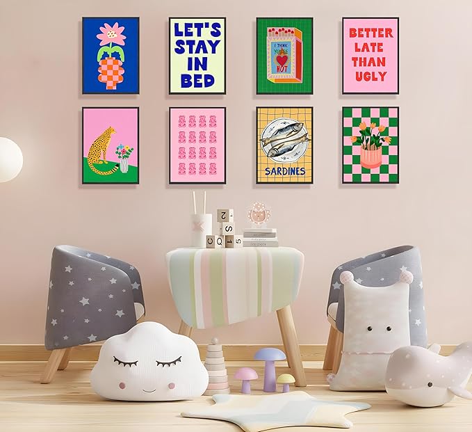 JWDXNOOK 9pcs Colorful Eclectic Wall Art Fashion College Room Aesthetic Posters Wall Decor Vintage Simple Canvas Paintings Prints Suitable for Teen Girls Dormitory Wall Decoration Unframed