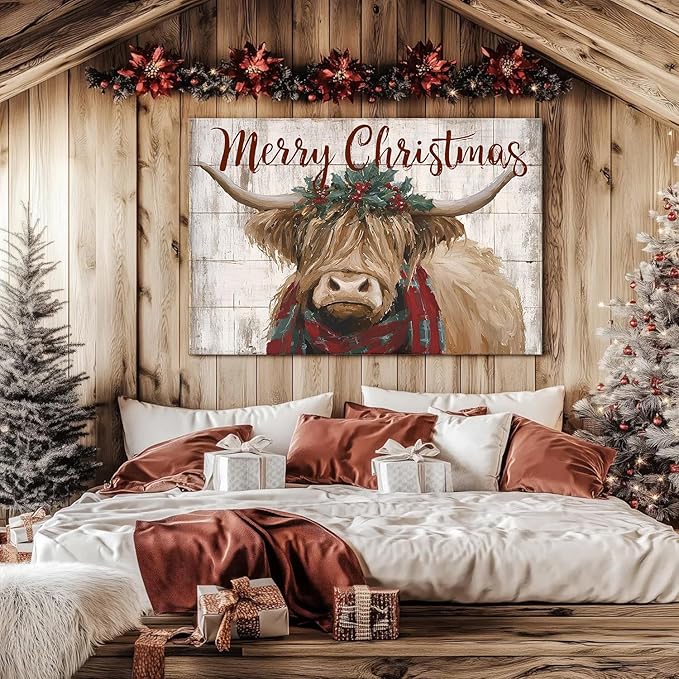 Merry Christmas Wall Art Farmhouse Highland Cow Pictures Wall Decor for Living Room Rustic Country Farm Animal Canvas Prints Vintage Christmas Artwork for Kitchen Dining Room Home Decorations 32x48"