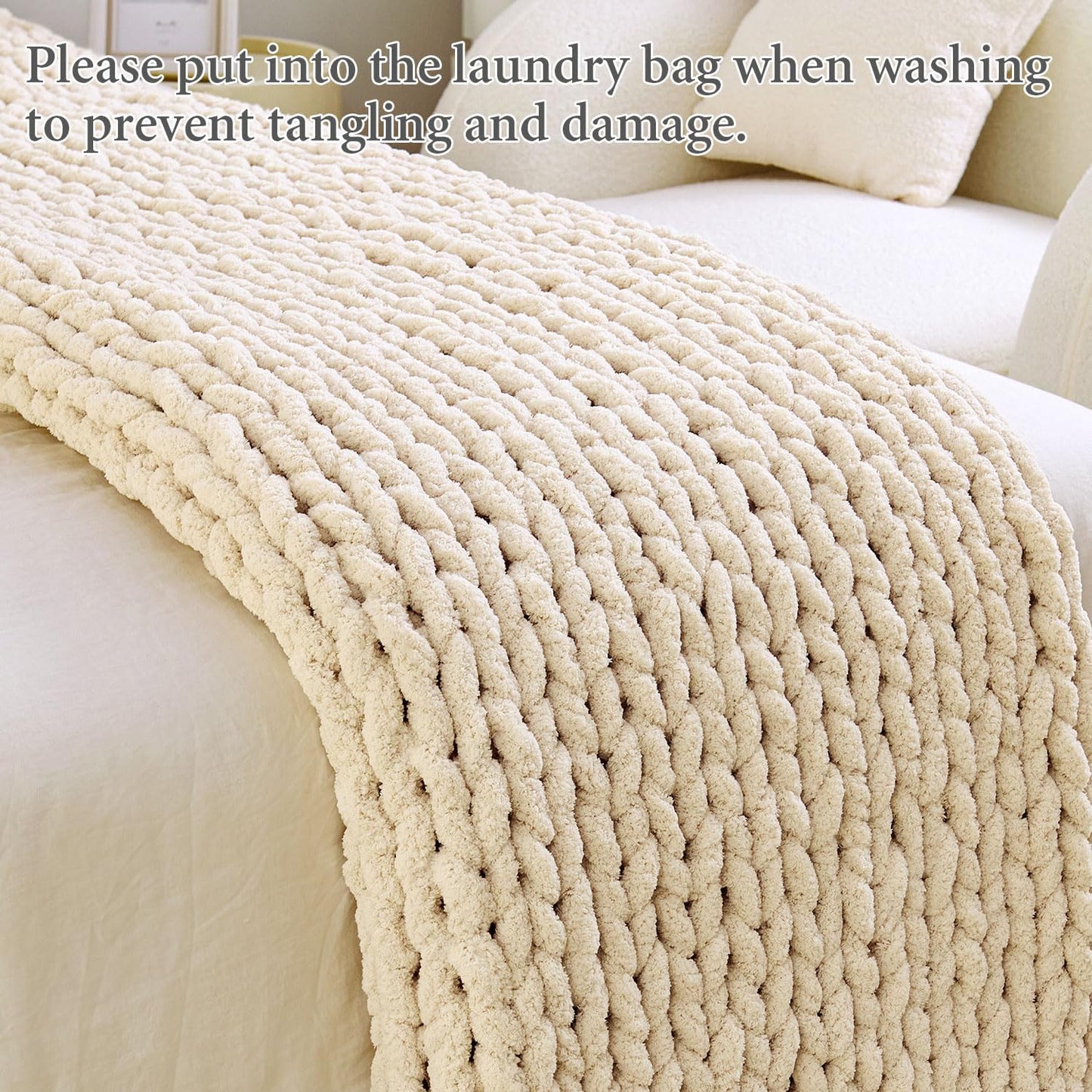 Admitrack Chunky Knit Blanket Throw, 100% Hand Knit Chenille Throw Blanket for Sofa & Home Decor, Soft and Cozy Knitted Throw Blankets (Ivory, 60""x80""), XNR09
