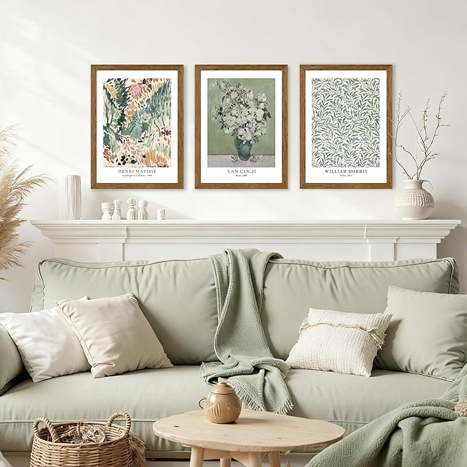JLTULT 3 Piece Vintage Sage Green Canvas Wall Art, Van Gogh Matisse Wall Decor, Botanical Painting Artwork Prints for Living Room Bedroom Home Office 12X16 inch Wood Framed Easy to Hang