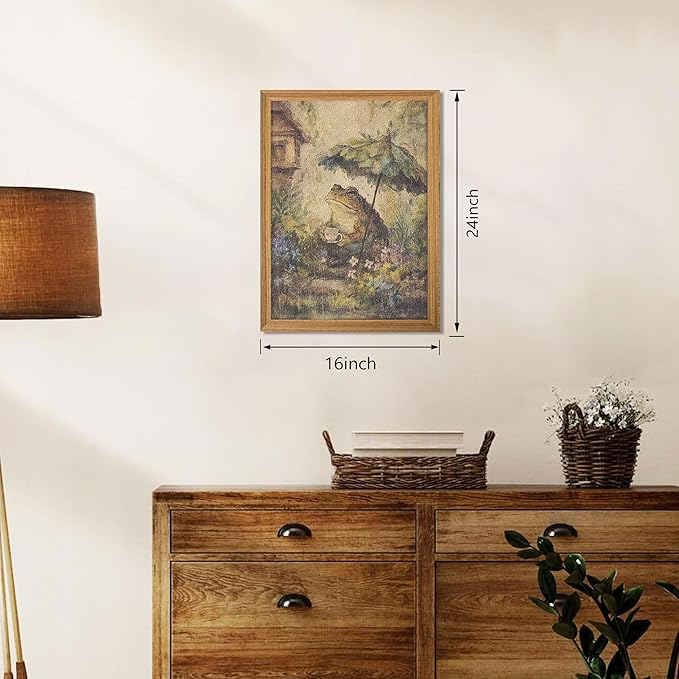 3D Textured Framed Vintage Frog Wall Art, Rustic Farmhouse Animal Wall Decor, Funny Frog with Umbrella Sandstone Painting, Whimsical Cottagecore Picture for Living Room Bedroom 16x24 Inch