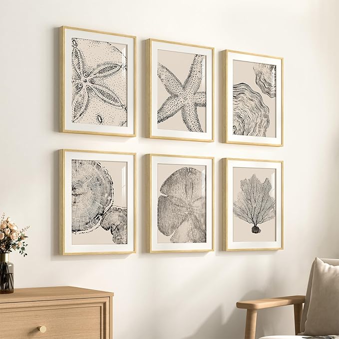 Framed Coastal Wall Art for Living Room, 6 Piece Neutral Black Beige Modern Abstract Prints Artwork, Ocean Coral and Beach Tree Ring Pictures for Bedroom Dining Room Bathroom Wall Decor 11x14 In