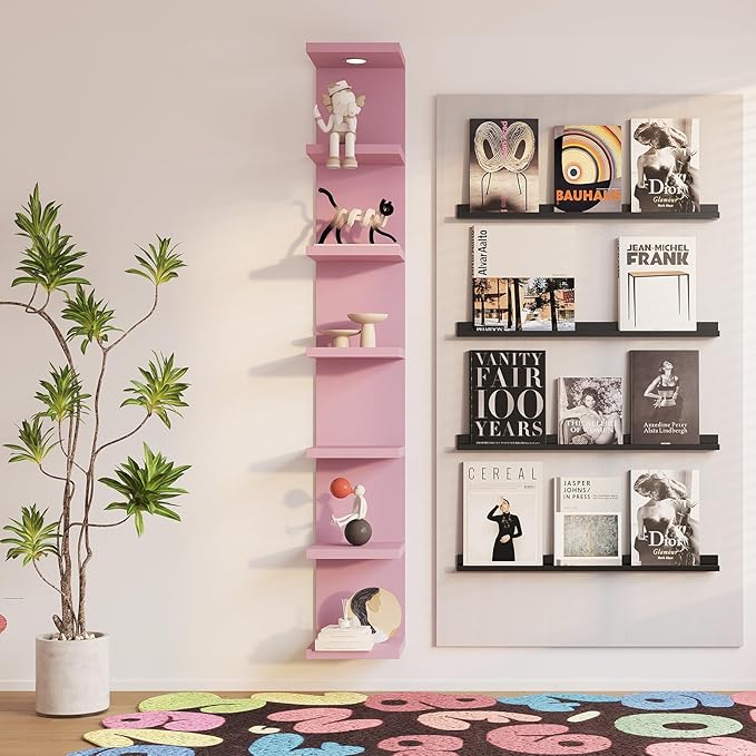 Versatile 7 Tier Wall Shelf Unit,Pink Lack Wall Shelf,Display Floating Shelf with LED Remote Control Light
