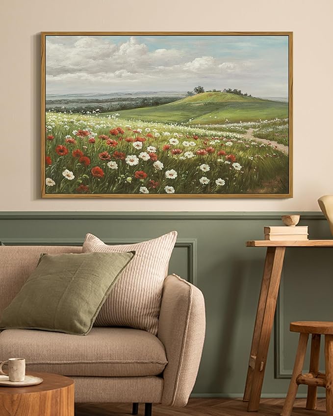 SHENIFY Vintage Landscape Framed Wall Art Meadow with Flowers Scenery Farmhouse Decor Rustic Retro Grassland Floral Field Painting for Hallway Living Room Bedroom - 16x24in Natural Framed