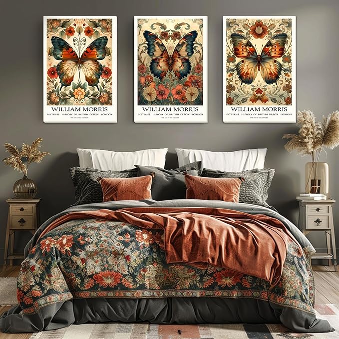 Djmwtb William Morris Canvas Wall Art Vintage Butterfly Poster Prints Framed Set of 3 Botanical Aesthetic Pictures Gallery Artwork Nouveau Painting Decor for Living Room Bedroom 12x16in