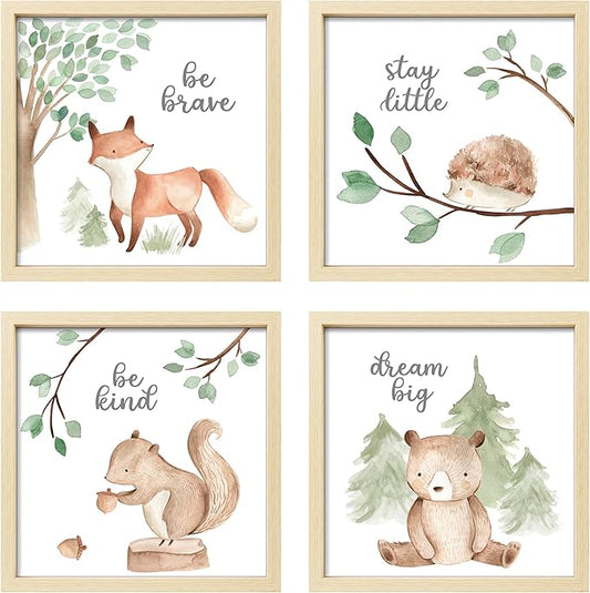ArtbyHannah Framed Woodland Nursery Wall Decor, 8x8 Inch Cute Baby Safari Wall Art, Green Kids Art Frame with Forest Animals Prints for Playroom Classroom Bathroom Baby Shower Decoration(4 Pack)