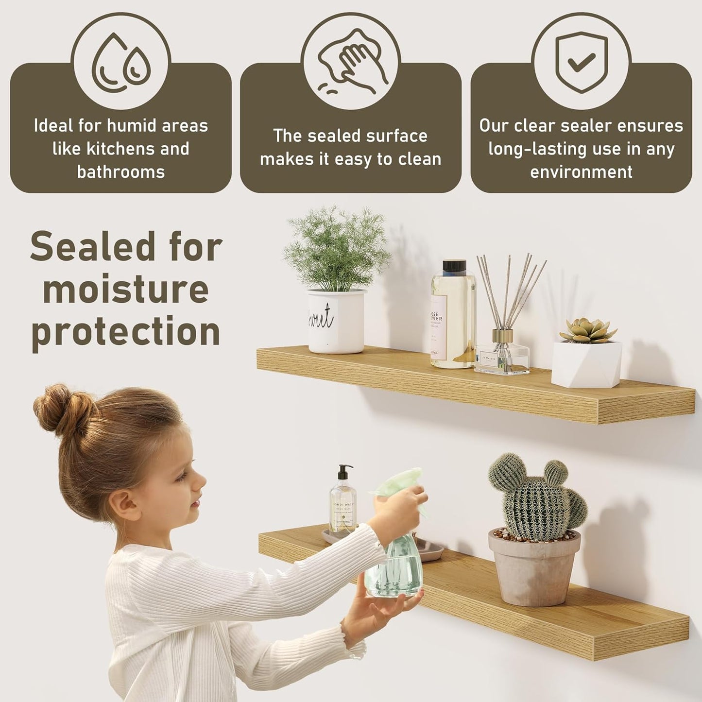 Floating Shelves Wall Shelf 40 Inch, 8 Inch Deep Floating Shelf for Wall, Farmhouse Black Wood Shelves Invisible Bracket for Living Room, Bedroom, Kitchen, 40 x 8 x 1.4 Inch, Set of 2, Oak Color