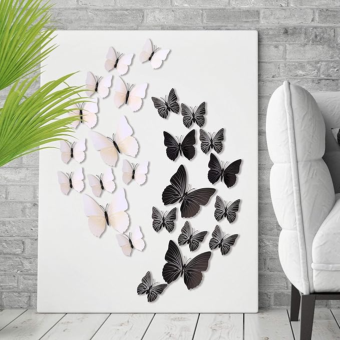 24pcs 3D Vivid Special Man-Made Lively Butterfly Wall Stickers Removable Butterflies Wall Decals 3D Nursery Art Decor for Kids Girls Bedroom Living Room Classroom Party Decoration White & Black