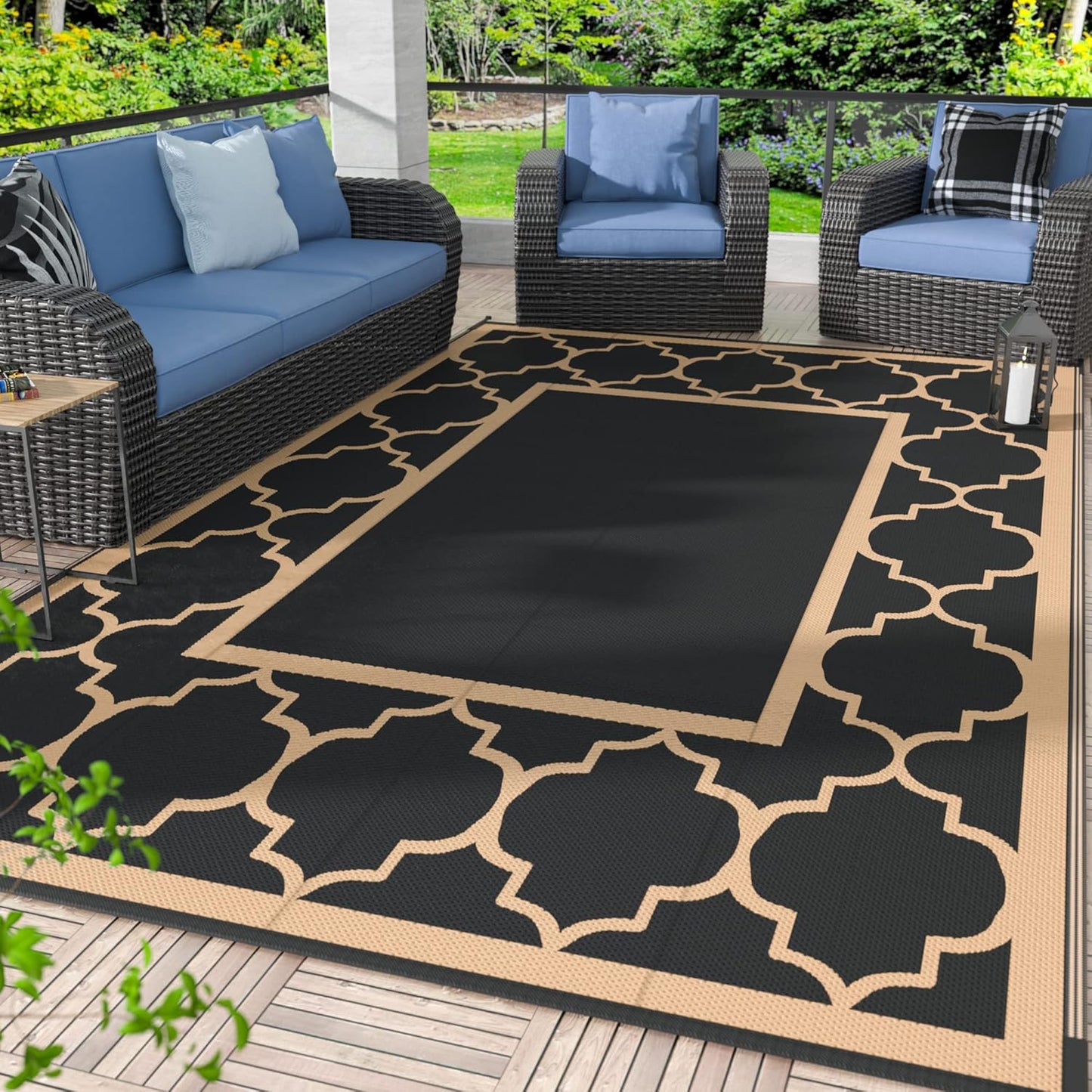 GENIMO 6' x 9' Outdoor Rug Waterproof for Patio Decor, Foldable Reversible Plastic Straw Area Rugs Mat for Camper, Outside Carpet for Rv, Deck, Porch, Picnic, Beach, Balcony, Black & Brown