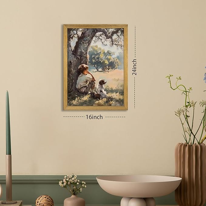 Wood Framed Canvas Wall Art, Vintage Boy and Dog Painting Poster, Countryside Pastoral Landscape Print Picture, Rustic Farmhouse Wall Decor for Living Room Bedroom Nursery 12x16 inch