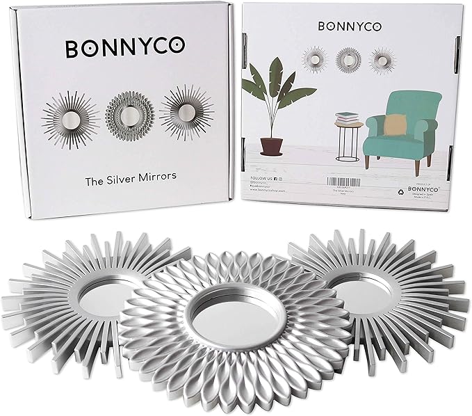 BONNYCO Wall Mirrors Pack of 3 Round Silver Mirrors for Home Decor, Bedroom and Room. Espejos Decorativos de Pared Sala Dormitorio, Circle Wall Decor Minimalist Vintage, Chic. Gifts for Women Mums