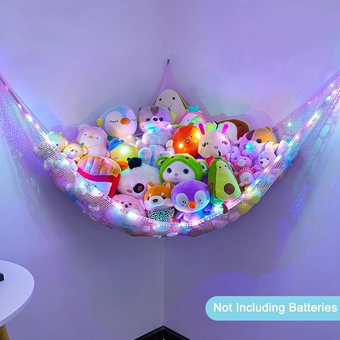Unicorn Castle Stuffed Animals Net or Hammock Kids Toy Storage Organizer with LED Light Hanging Corner Stuffed Animals Holder Kids Girls Room Decor,Blue-Purple,Large (Pack of 1)