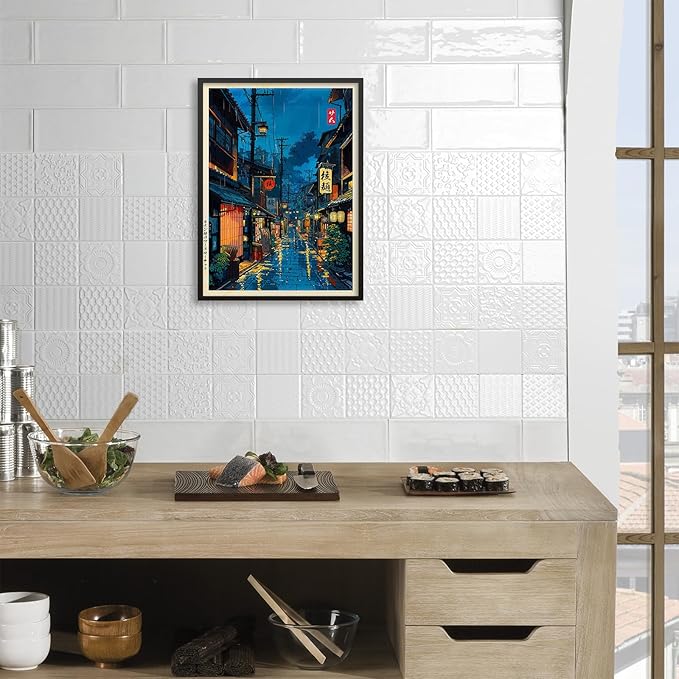 Podafu Japanese Tokyo Tea House Canvas Wall Art - Modern Ukiyo-e Decor - Black Framed - 10L" x 8W" - Bedroom & Living Room