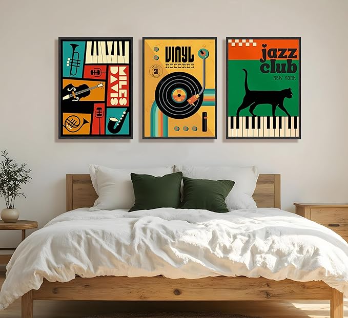 JWDXNOOK 3pcs Retro Jazz Music Wall Art Vintage Vinyl Records Paintings Musical Instruments Black Cat on Piano Canvas Prints Poster for Living Room Bedroom Music Room Decor Unframed
