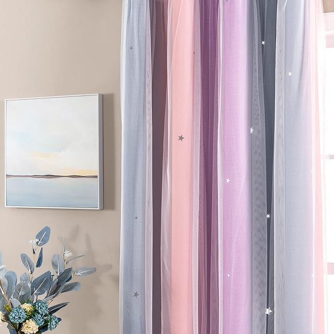 XiDi Curtains for Bedroom Decor, Rainbow GreyPinkPu-34-45