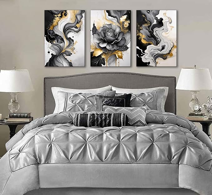 3pcs Black And Gold Abstract Canvas Wall Art Modern Black Grey And Gold Marble Wall Decor Pictures Minimalist Foil Fluid Texture Posters Prints for Living Room Bedroom Office Home Decoration