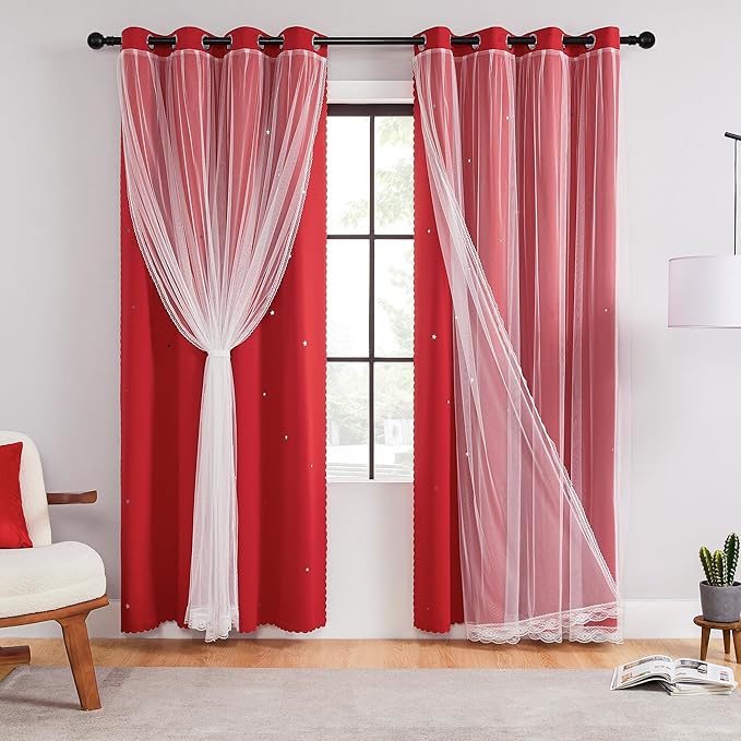 XiDi Black Out Curtains for Bedroom Windows, Girls Room Decor, Unicorn Design for Kids, Living Room - 63 Inches Long 52 Inches Wide, 2 Panel Set, Red