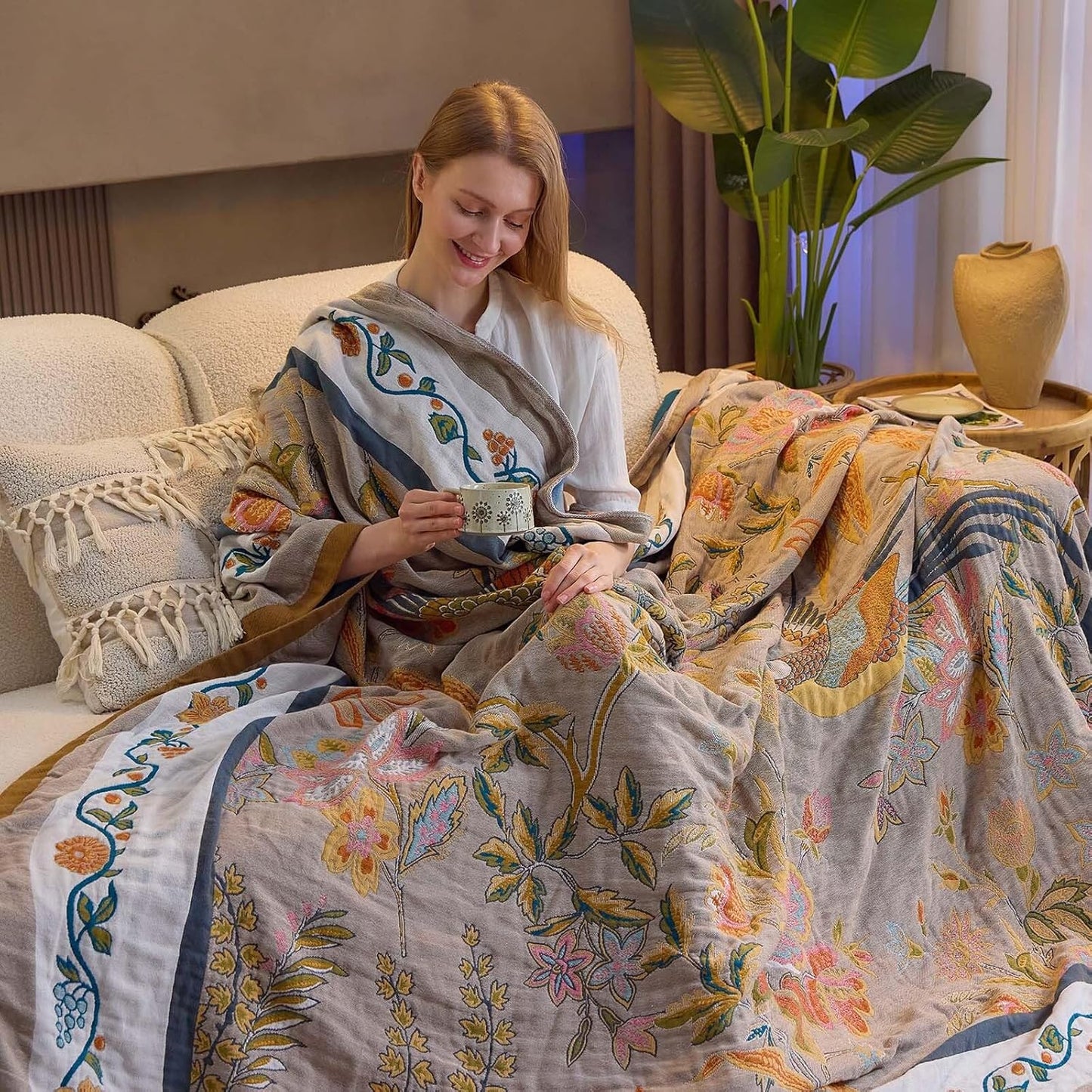 Boho Blanket, 100% Cotton Farmhouse Decorative Throw Blanket, 90"x98" Reversible Bohemian Throw Blanket, Brown All Season Muslin Breathable Woven Blankets Quilt