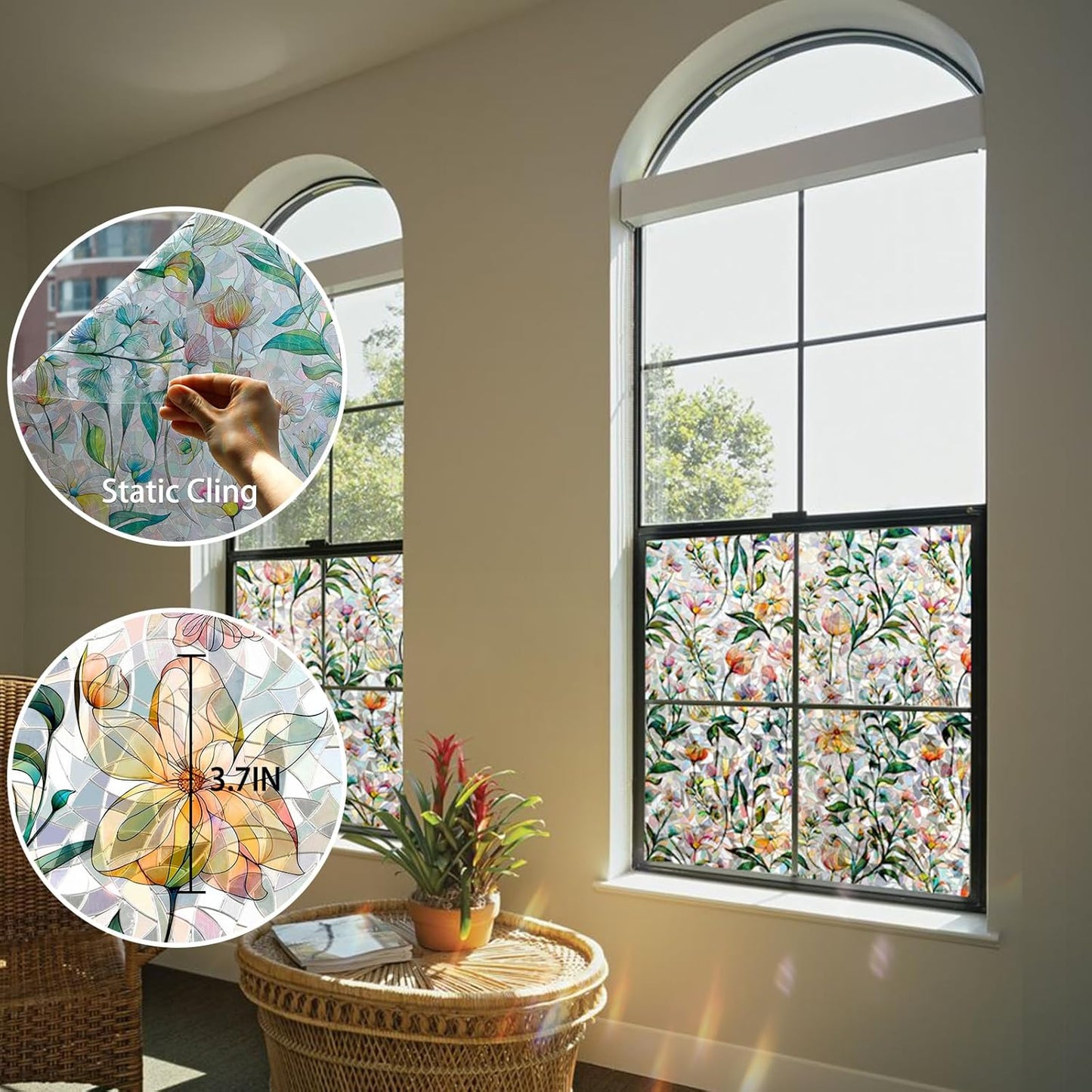 Rainbow Window Privacy Film 3D Floral Decorative Stained Glass Window Film Anti UV Non-Adhesive Reusable 17.5" x 78.7" for Home Room Car Glass Cling