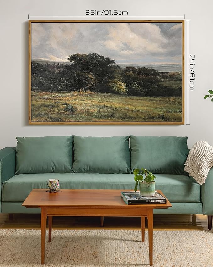 SHENIFY Vintage Landscape Framed Wall Art Rustic Countryside Meadow Farmhouse Decor Retro Vast Grassland Painting for Hallway Living Room Bedroom Dining Room - 24x36in Natural Framed
