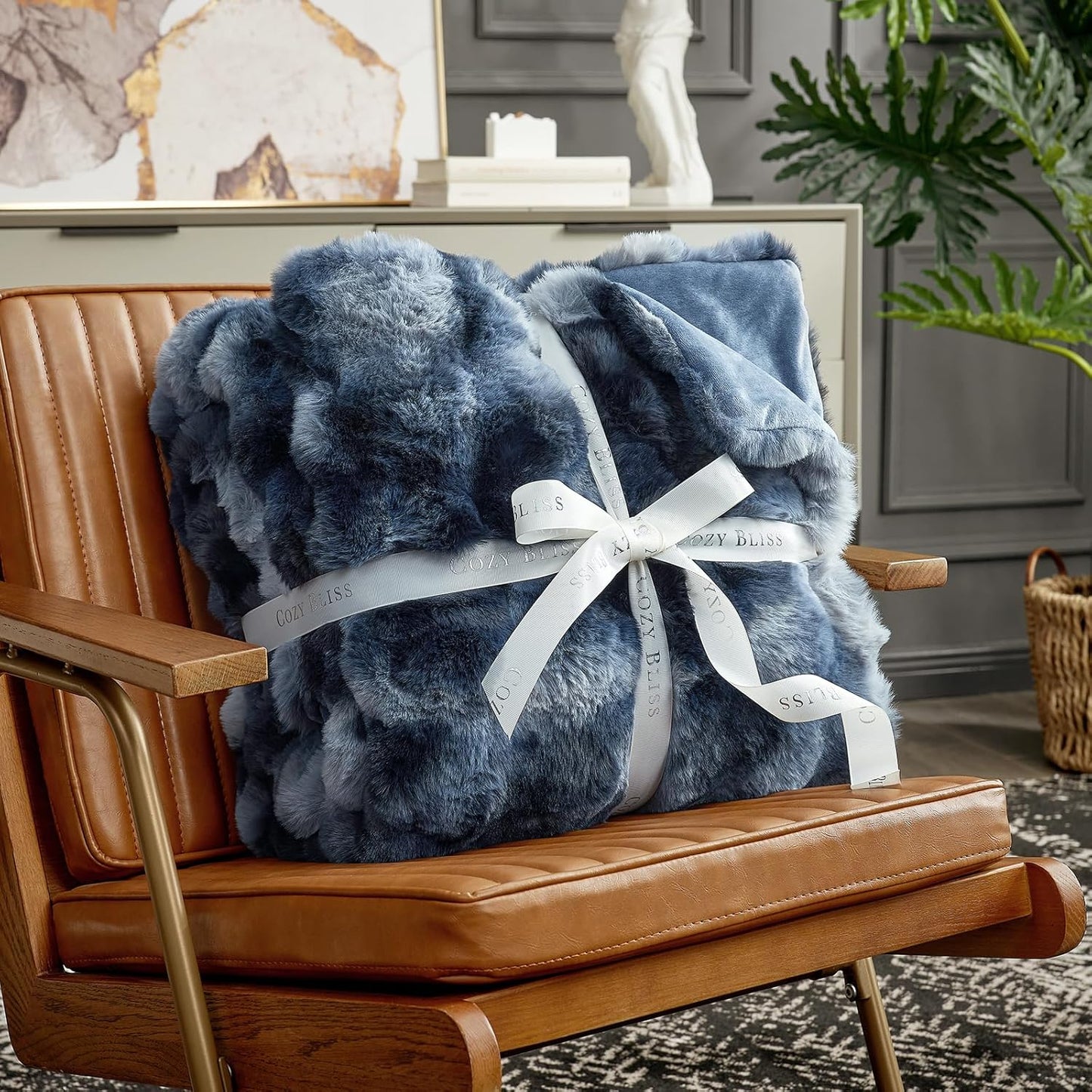 Cozy Bliss Faux Fur Throw Blanket for Couch, Fuzzy Soft Plush Thick Bubble Blanket for Sofa Bedroom Living Room, 108 * 90 Inches Tie Dye Blue