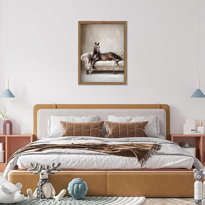 Framed Funny Horse Wall Art, Vintage Brown Horse Laying on Sofa Canvas, Modern Farmhouse Western Wall Decor, Grace Animal Pictures Prints for Living Room Bedroom Office Dorm 8x10 inch