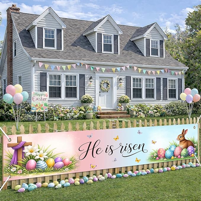 Easter Banner He Is Risen Easter Decorations Resurrection Cross Spring Christian Faith Decor 118×20 inch Religious Easter Banner for Yard Fence Wall Door Porch Indoor Outdoor Church Display