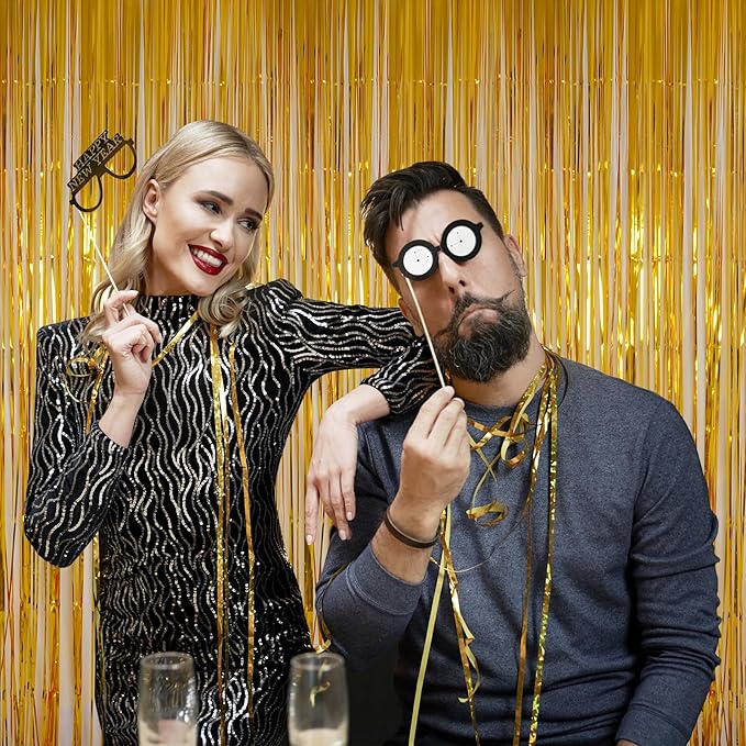Foil Fringe Curtains Party Decorations for 2026 NYE - Melsan 3 Pack 3.2 x 8.2 ft Tinsel Curtain Party Photo Backdrop for Birthday Party Baby Shower or Graduation Decorations (Pure Gold)