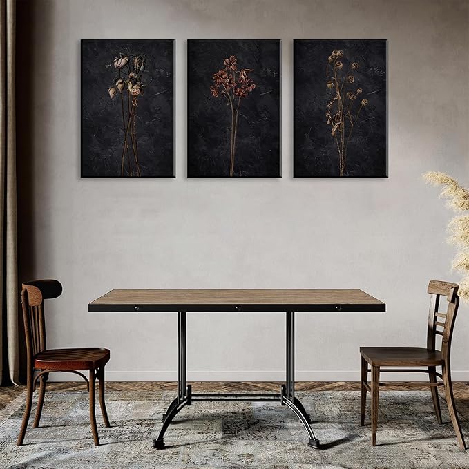 LYPHNX Framed Dark Moody Wildflowers Canvas Wall Art Black Vintage Dried Floral Wilderness Botanical Painting Poster Set of 3 Nature Prints Picture Wall decor for Living Room Bedroom Office 16"x24"