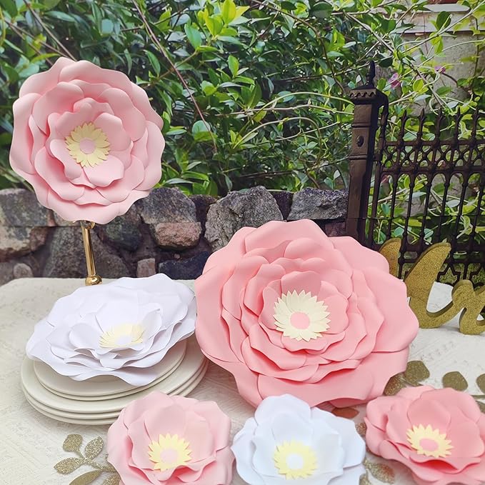 Blush Pink White 3D Paper Flower with Leaf for Nursery Wall Decorations Girl Baby Shower Nursery Decor Birthday Decorations 14 inch-6 inch Pack of 6