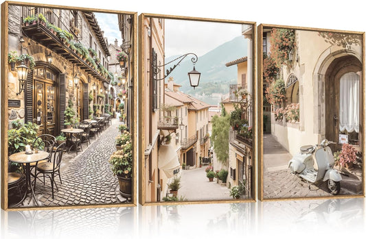 HPINUB Foreign Scenery Framed Canvas Wall Art Set,Vintage Travel City Wall Decor,Modern Minimalist Europe Street Picture Artwork Nature Landscape Art Print for Living Room,Bedroom-24 x36 x3