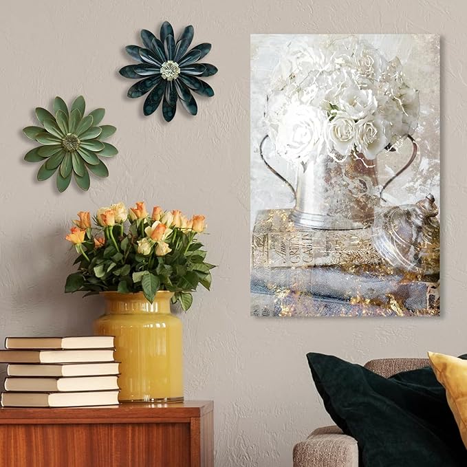 Novbvia Metal Flower Wall Sculpture, 12" Rustic Modern Floral Artwork, Distressed 3D Layered Iron Flower Wall Hanging Accent for Indoor/Outdoor, Kitchen,Living Room Office Garden Decor (Dark Green)